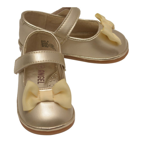 Angel Little Girls Gold Patent Grosgrain Bow Mary Jane Shoes 5-7 Toddler - SophiasStyle.com
